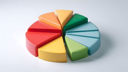 Fototapeta premium A colorful pie chart made of wooden blocks on a white surface showing different segments and proportions