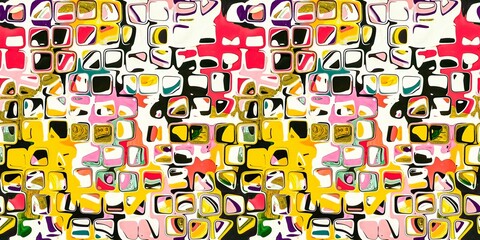 Abstract blotched random mosaic shape square seamless border pattern. Dense grungy mottled effect fabric texture design with tileable banner print. For speckled impressionism style ribbon trim edge.