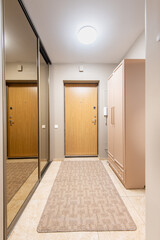 Modern Home Entryway with Wooden Door, Mirror, and Stylish Furniture