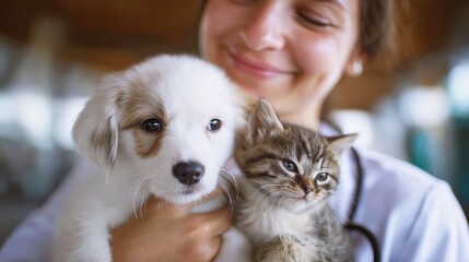 Cute kitten and puppy in the arms of a female veterinarian, in a veterinary clinic. Concept of advertising veterinary services and pet care. 
