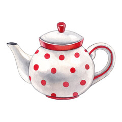 White and red teapot. Watercolor hand drawn illustration vintage tableware. Clipart on white background on the theme of kitchen, food, tea in retro and village style.