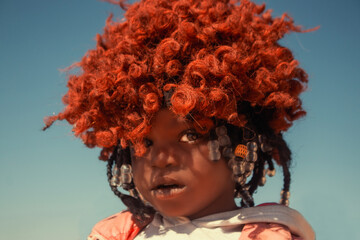 A young African girl with dark skin, wearing a vibrant orange wig and pink jacket. A real moment of playful expression, captured in natural light. Perfect for diversity, childhood, and lifestyle theme