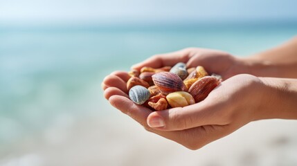 Hands are holding a collection of colorful seashells with a blurred beach and ocean in the background, evoking a sense of summer vacation and the beauty of nature