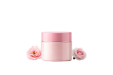 Pink cosmetic jar with roses isolated on transparent background