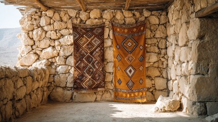 Two Vintage Rugs Hanging on Stone Wall in Desert Room