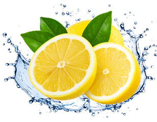 Lemons with Leaves in a  Water Splash, isolated on transparent background.