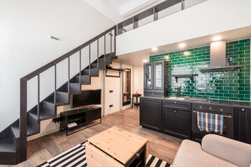 Modern Minimalist Loft Apartment Interior with Contemporary Design Features and Kitchen Interior