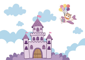  purple castle illustration and A cute kitten above is flying on a plane