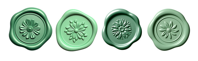 Green wax seals featuring botanical floral designs for natural branding