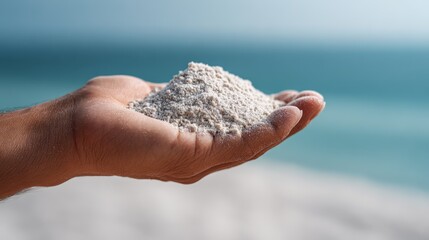 Hand gently holds a pile of fine white sand against a serene ocean backdrop. The clear blue water and soft sand evoke a sense of tranquility and connection to nature
