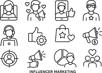 Influencer Marketing Outline Icon Set Vector Illustration for Social Media Strategy and Digital Promotion