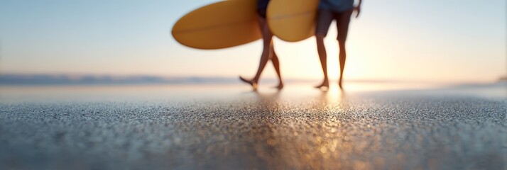 Fototapeta premium Two surfers are walking along the shore at sunset, carrying their surfboards after a day of riding waves, with golden light reflecting on the wet sand