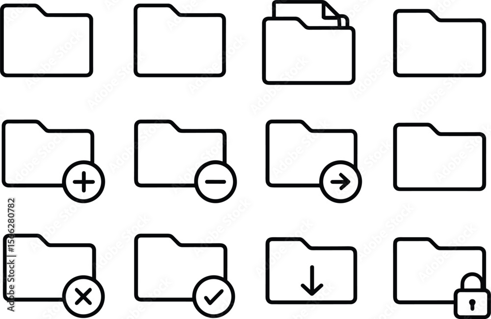 Poster Outline Folder Icon Set for File Management and Data Organization in Digital Interface Design Projects