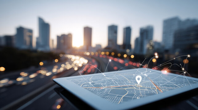 Double-exposure image combining a digital tablet, GPS app, and a cityscape to depict smart logistics and geolocation technology - Powered by Adobe