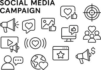 Social Media Campaign Icons Set Outline Style for Digital Marketing, Advertising, and Online Communication