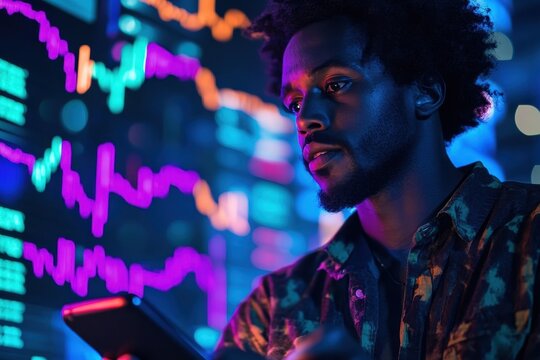 Biracial man analyzing stock market trends on a smartphone in a vibrant digital environment, stock market and diagrams over biracial man using smartphone