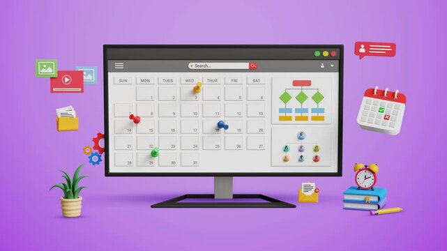 Manage tasks and deadlines, productivity and time management concept. Digital task planner software, project tracking, calendar scheduling, reminders. Task dashboard on computer screen.4K 3D animation