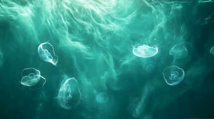 Teal Ocean Water with Several Jellyfish Aquatic Life Underwater Scene sea
