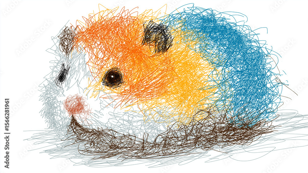 Poster colorful hamster drawn with messy scribbles on white background, showcasing playful and artistic sty