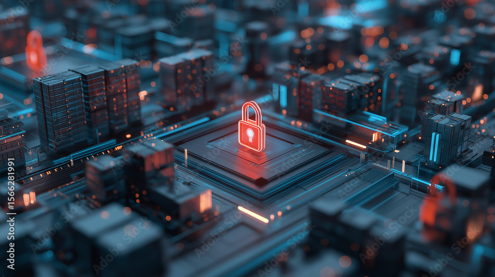 Poster Glowing red padlock symbol stands out futuristic digital cityscape, representing cybersecurity and data protection. scene is filled with interconnected circuits and buildings, highlighting secure
