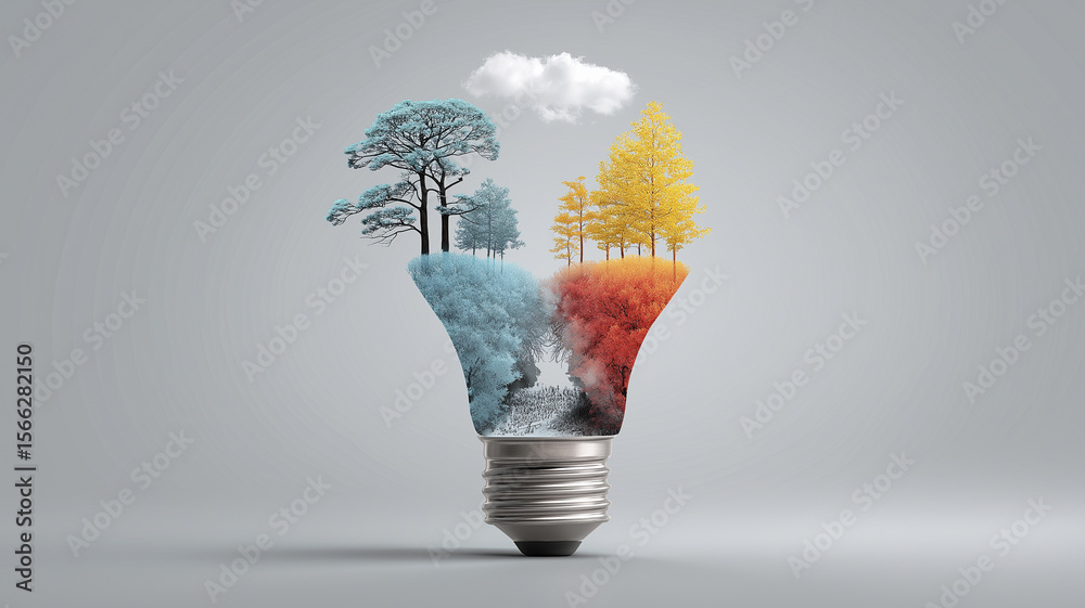 Poster light bulb creatively displays four seasons with trees and colors, symbolizing innovation and change