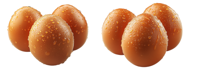 Fresh brown eggs covered in water droplets, isolated on white transparent background. Concept of natural, organic food and farm freshness
