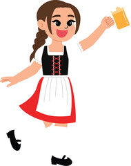 happy female wear traditional lederhosen celebrate Oktoberfest with beers, smile woman enjoy German culture illustration,