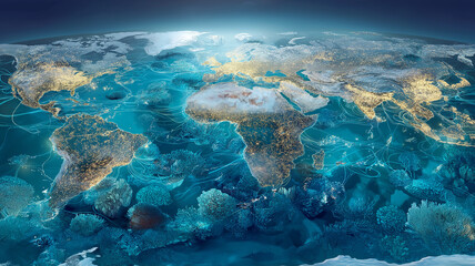 Fototapeta premium Vibrant illustration of world map blends terrestrial and marine ecosystems, highlighting coral reefs beneath continents. image emphasizes global interconnectedness and environmental diversity