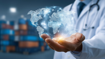 Doctor in white coat holds digital hologram of world map, symbolizing global telemedicine and healthcare access. background features blurred shipping containers, indicating global supply chains