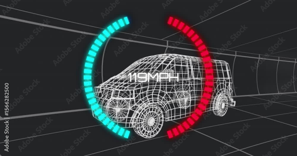 Poster on gauge reading 0 mph, two-color segments animating speed variations around 3d suv in grid tunnel
