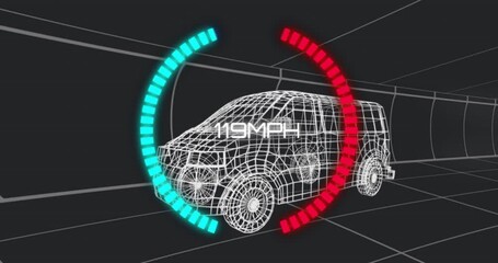 On gauge reading 0 MPH, two-color segments animating speed variations around 3D SUV in grid tunnel - Powered by Adobe