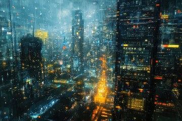 Cityscape revealing dynamic data processing in a vibrant urban environment during nighttime, cityscape over data processing