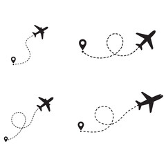 Line path vector icons of air plane flight routes with start point and 
dash line trace. Travel concept Dotted path airplane Aircraft tracking.