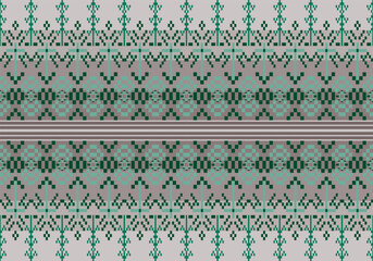 Seamless symmetrical pixel-art textile patterns  green tones with grey dark to light gradients background inspired by traditional embroidery, featuring geometric, floral, and folks motifs in distinct