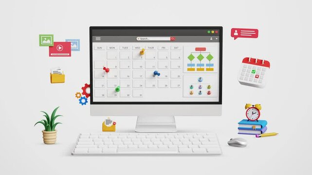 Organize schedules and projects, schedule planning management concept. Digital schedule calendar software, work time management, meetings, appointments. Calendar dashboard on computer. 4K 3D animation