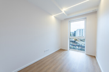 Modern Empty Apartment Room with Wooden Floor and Large Window View