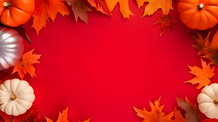 Autumnal Thanksgiving Background Red Pumpkins Fall Leaves