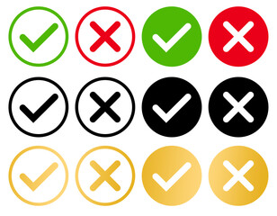 Set green approval check mark and red cross icons in circle and square, checklist signs, flat checkmark approval badge, isolated tick symbols