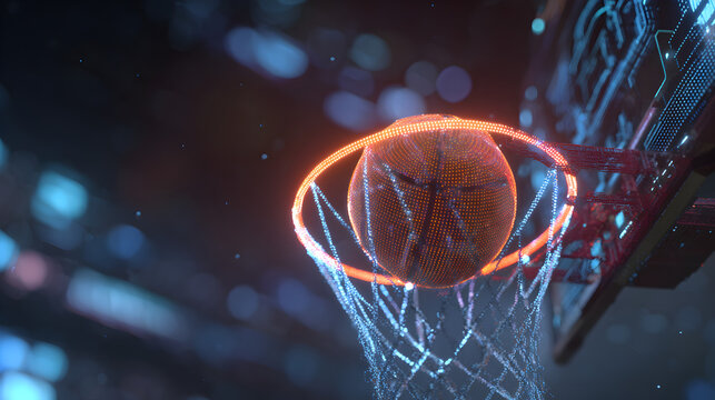 A digital basketball going through a glowing hoop with a futuristic aesthetic in the background