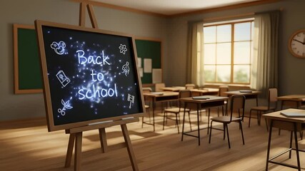 Classroom view with 'Back to School' chalkboard, sparkling lights, desks. Ideal for education promos, school events, academic presentations, educational campaigns, teacher resources. 