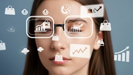 Woman Wearing Smart Glasses with Shopping and Financial Data Overlay - Powered by Adobe