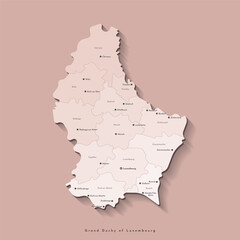Vector isolated illustration. Simplified administrative map of Luxembourg included names of cities and regions. Brown background, beige shape of map