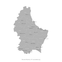 Vector isolated illustration. Simplified administrative map of Luxembourg included names of cities and regions. White background, grey shape of map