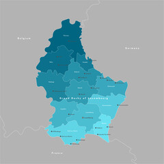 Vector illustration. Simplified administrative blue map of Luxembourg included names of cities and regions. Border with nearest states Belgium, France; Germany in grey color