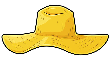 A vibrant yellow straw hat with a wide brim is depicted in a cheerful cartoon illustration, isolated on a clean white background, perfect for summer fashion.