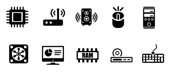 Computer parts icons as monitor, keyboard, mouse Pro Vector