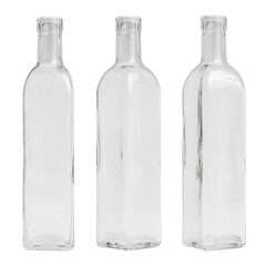 The Three transparent glass bottles on a white background.