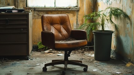 A worn leather office chair sits in a neglected, dusty room with peeling walls, next to a filing cabinet and potted plants under a window.
