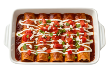 Delicious enchiladas covered in sauce topped with cream and cheese isolated on transparent background