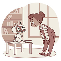 A girl looking at a robot sitting on a table with a book in a room with a bookcase and a window